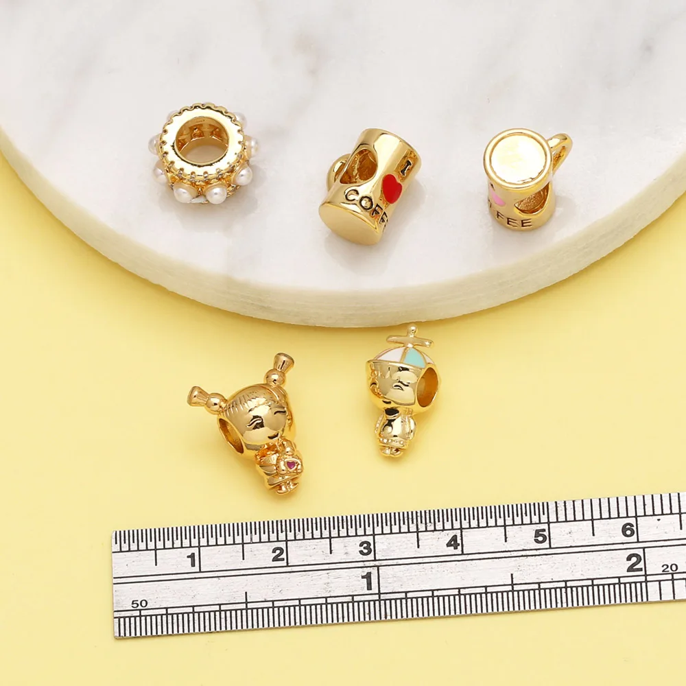 OCESRIO Trendy Enamel Boy Girl Charms for Bracelet Copper Gold Plated Coffee Cup Pearl Ring Jewelry Making Supplies chma256