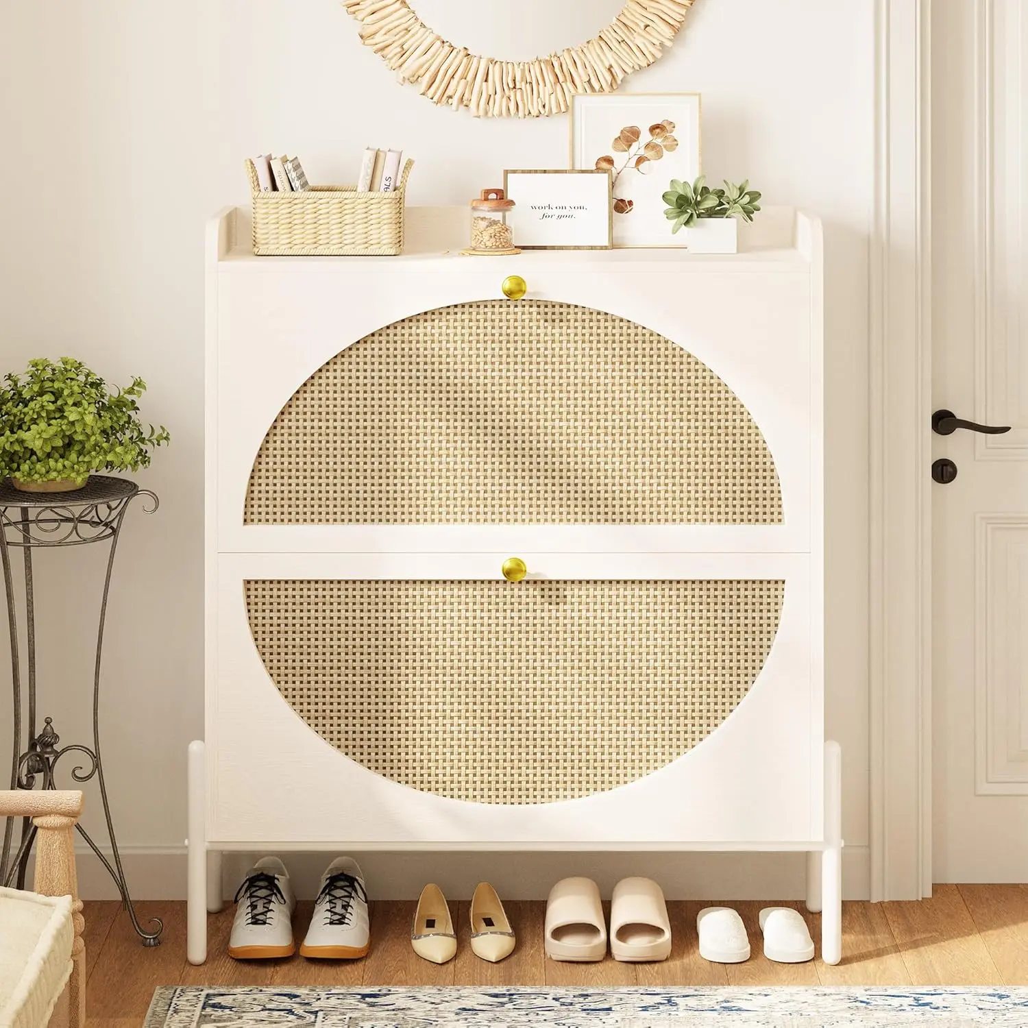 Shoe Cabinet Storage With 2 Flip Drawers, Free Standing Wooden Shoe Storage Organizer Cabinet With Rattan Doors For Entryway,