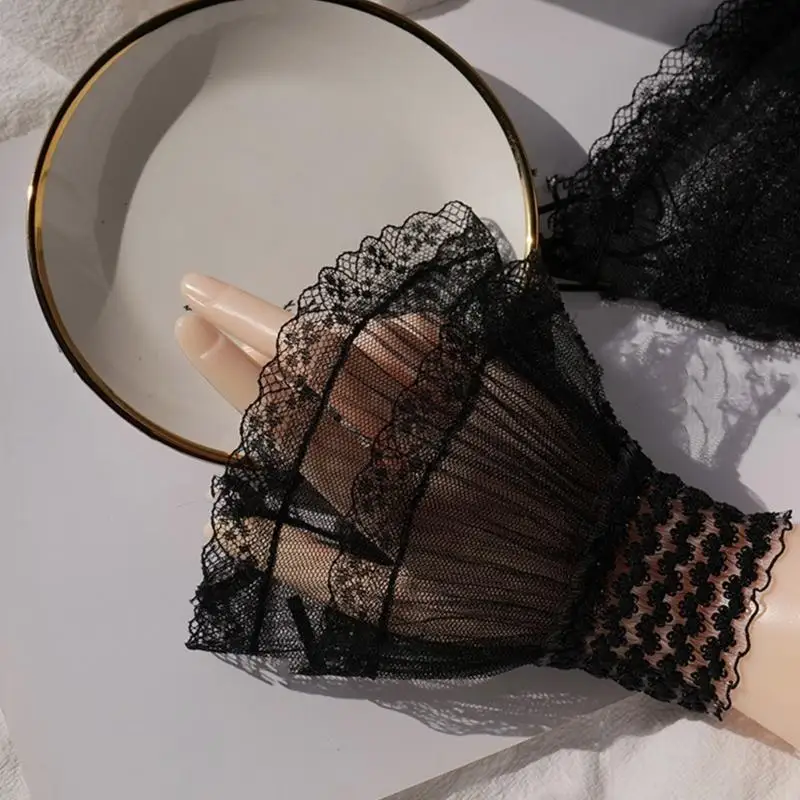 R1WE Decorated Cuffs Fake Sleeve for Wedding Dress Wild Decorative Lace Sleeves Flounces Wrist Sleeves Pleated Wrist Cuffs