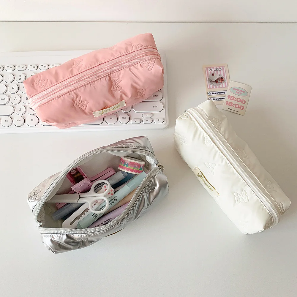 Bowknot Y2K Bow Stationery Bag Desktop Storage Cosmetics Card Pen Korean Style Pencil Case Pink White Silver Large Capacity