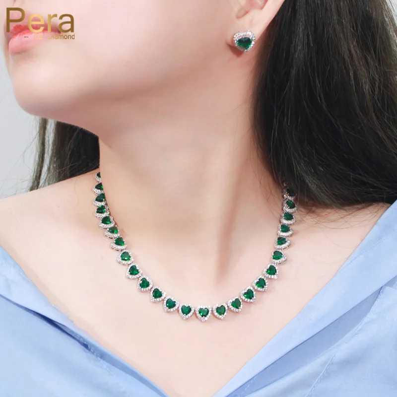 Pera Romantic Love Heart Charm Royal Green Cubic Zirconia Women Wedding Party Costume Necklace Jewelry Sets for Brides J476