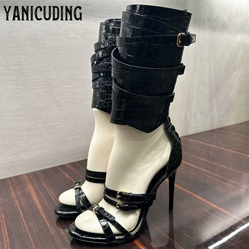

Luxury Gladiator Stiletto Sandals Multi-strap Buckle Design Summer Shoes Black Patent Leather Triple Buckle Ankle Cuff Sandals