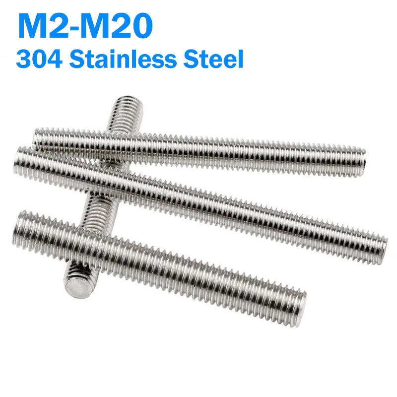 M2 M2.5 M3 M4 M5~M20 304 Stainless Steel Full Threaded Rod Bolt Fully Metric Headless Bolt Thread Stud Rods Screws L:150-300mm
