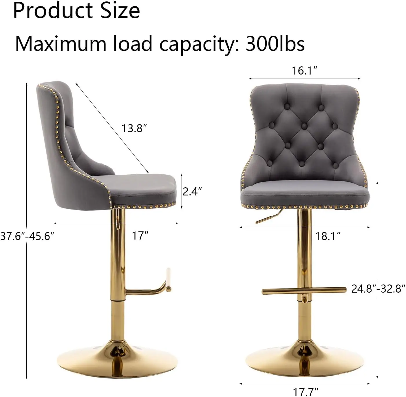 Bar Stools Set of 2, Counter Height Bar Stools with Button & Nailheads Trim, Gold Swivel Bar Stools for Kitchen Island (Grey)