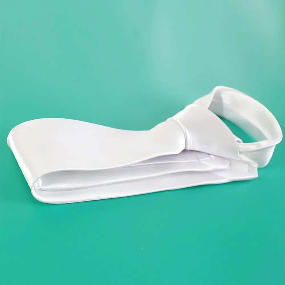 New Solid Color White Tie Adjustable Polyester Silk Pre Tied Neck Tie for Office Graduation Wedding Parties