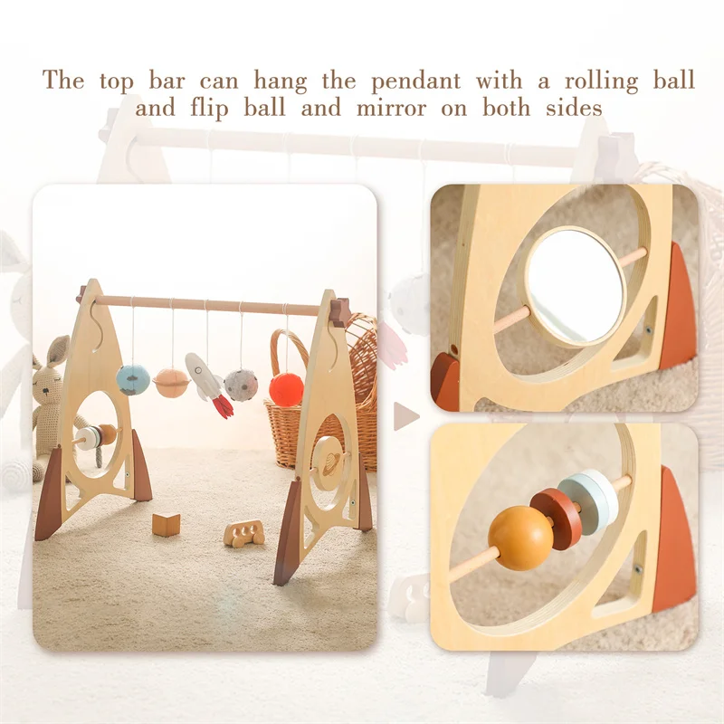 1Set Wooden Gym Solid Wood Fitness Frame Rack Cartoon Rocket Hanging Pendant Baby Rattle Toy Kit Toddler Infant Room Decorations