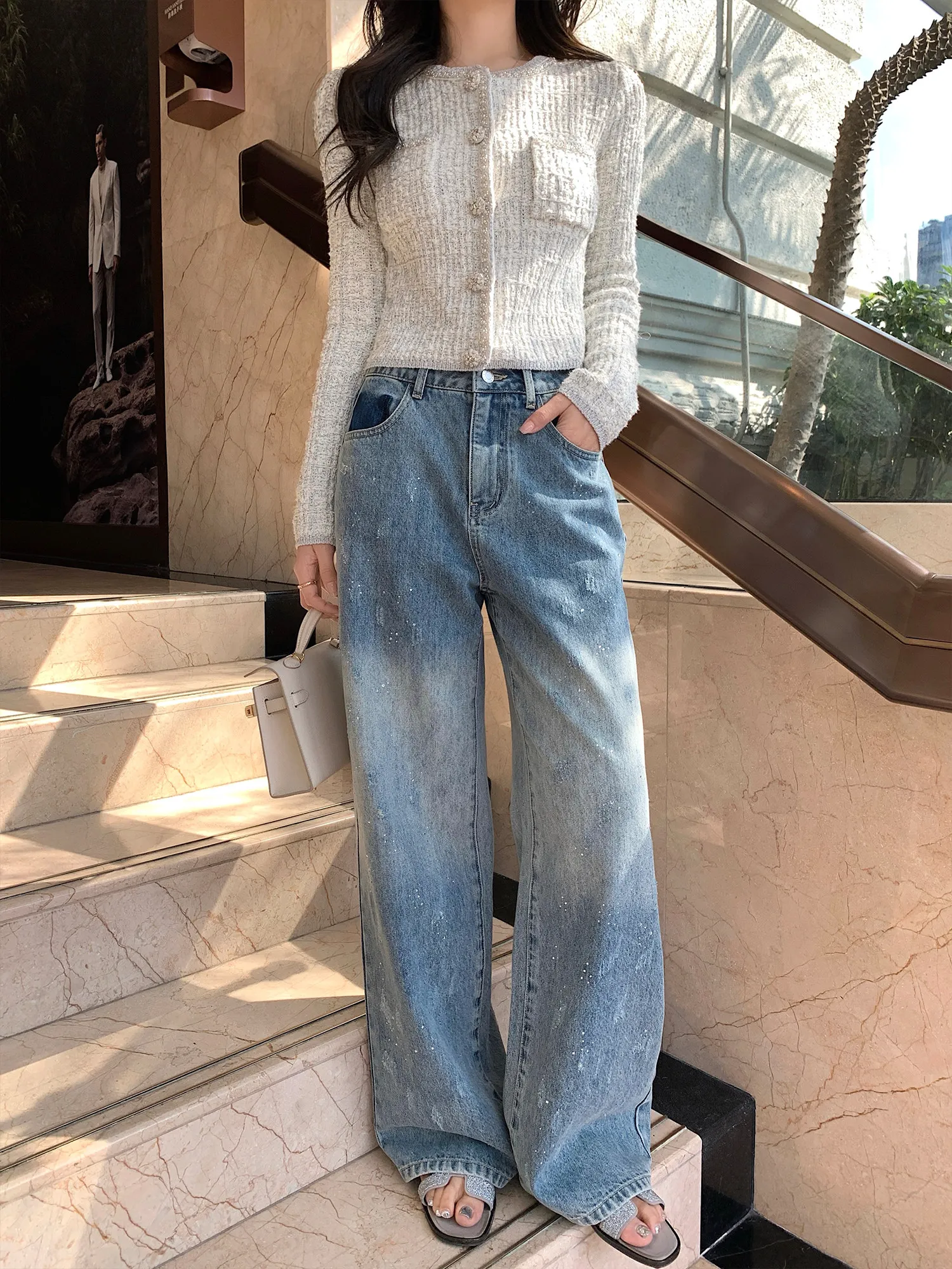 

Джинсы женские Lilylikes Buling Tianxing Denim Glitter с эффектом двухцветного окрашивания, свободного кроя, синие, весенние, повседневные, модные