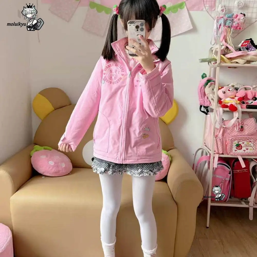 Cute Kawaii Pink Jackets Cartoon Rabbit Print Hooded Windproof Warm Cotton-Padded Coat Y2K Aesthetic Fashion Casual Outwears