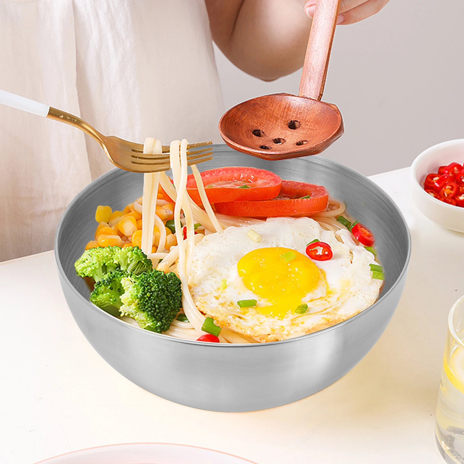 

Stainless Steel Salad Bowl Kitchen Dessert Bowl Food Storage Container For Family Party Restaurant Use Noodles Soup Fruit
