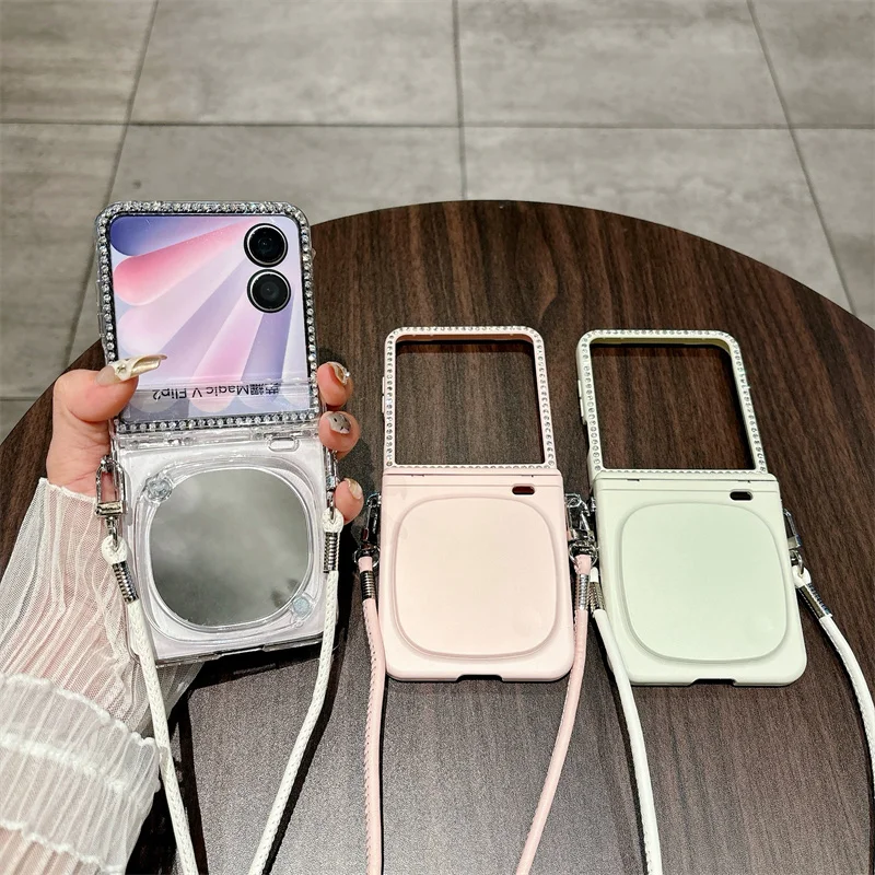 Honor Magic V Flip 2 Phone Case Electroplated With Lanyard Makeup Mirror Front Glass Film Hinge Full Protection Shockproof Cover