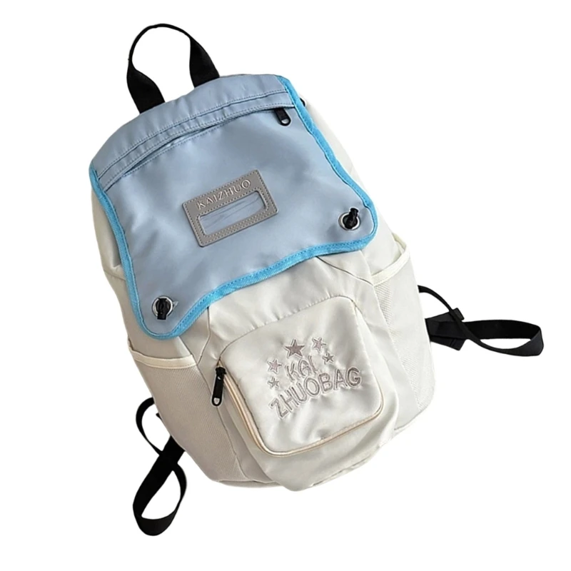 Japanese Vintage Contrast Color Backpack Nylon Large Capacity Multi Pocket Schoolbag Embroidery Letter Student Book Bag