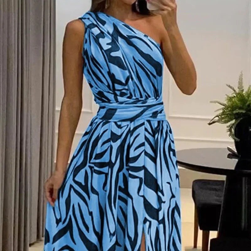 Vestido sem costas de fenda sem mangas de um ombro feminino, cintura cortada saia longa, vestidos de festa, moda verão, novo