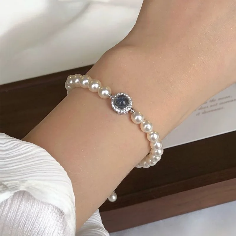 New 925 Sterling Silver Bracelet Luxury Blue Crystal Pearl Bracelet for Women Girl Design Bead Korean Jewelry Charm BraceletGift