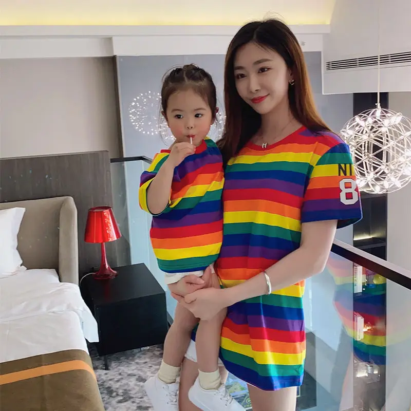 2023 Summer New Fashion Parent-child Dress Mother and Daughter Dress Rainbow Striped Short-sleeved Dress Boutique Clothing