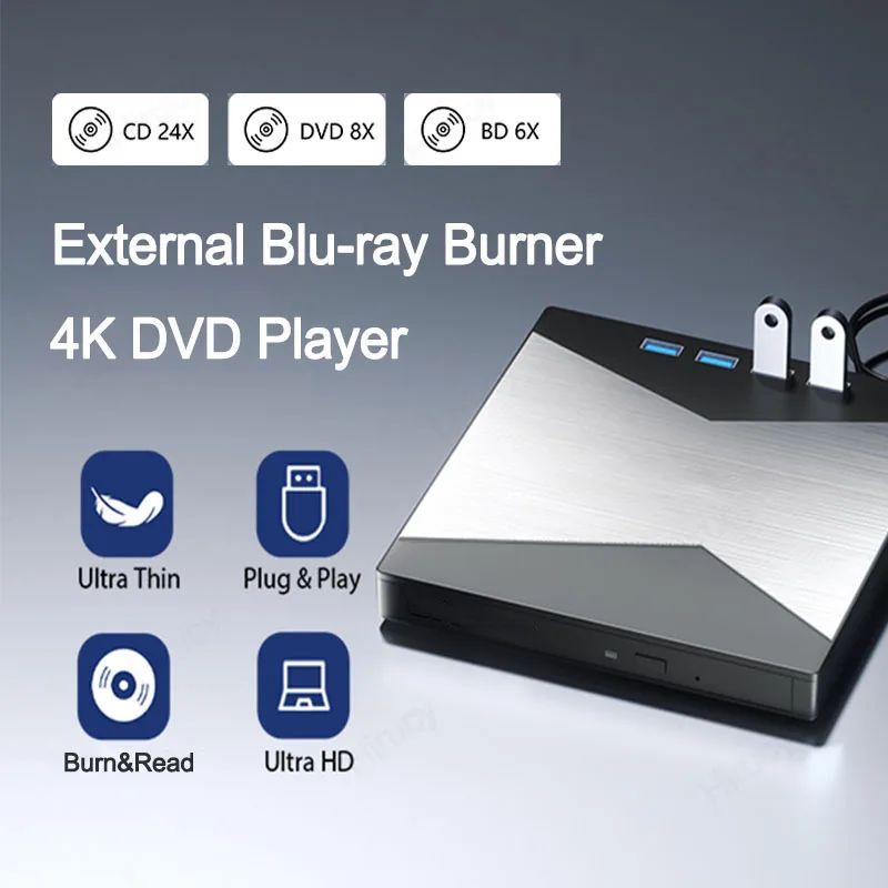 7-in-1 External Blu-ray Drive 4K Bluray Burner USB 3.0 CD/DVD/BD RW Player Writer with SD TF Port Optical Drive for Laptop PC