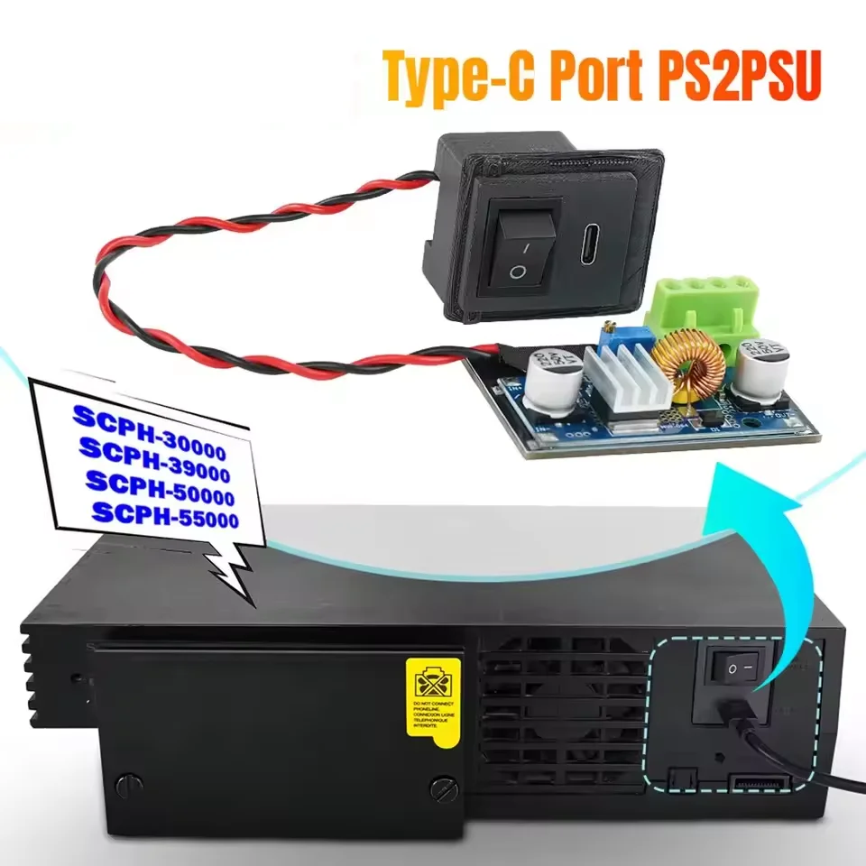 NOVO Mod de Fonte de Alimentação Tipo C para Placa de Energia PS2, Substituição da Fonte de Alimentação para Console PS2 Fat 3/5XXX, Suporta PD 3.0, Peça para Videogame Retrô