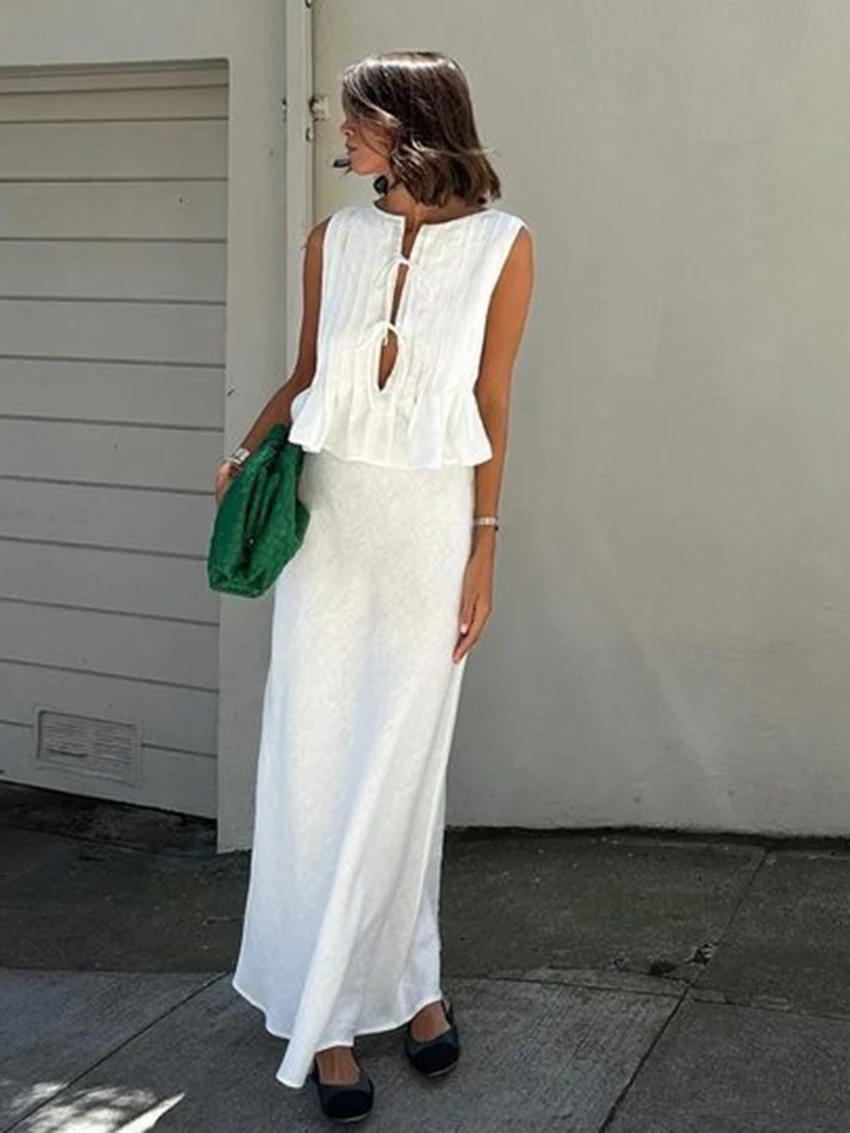 Marthaqiqi Cotton Ladies Sleepwear Set O-Neck Pajama Lace Up Nightwear Crop Top Nightgown Long Skirts Casual Female Nightie Suit