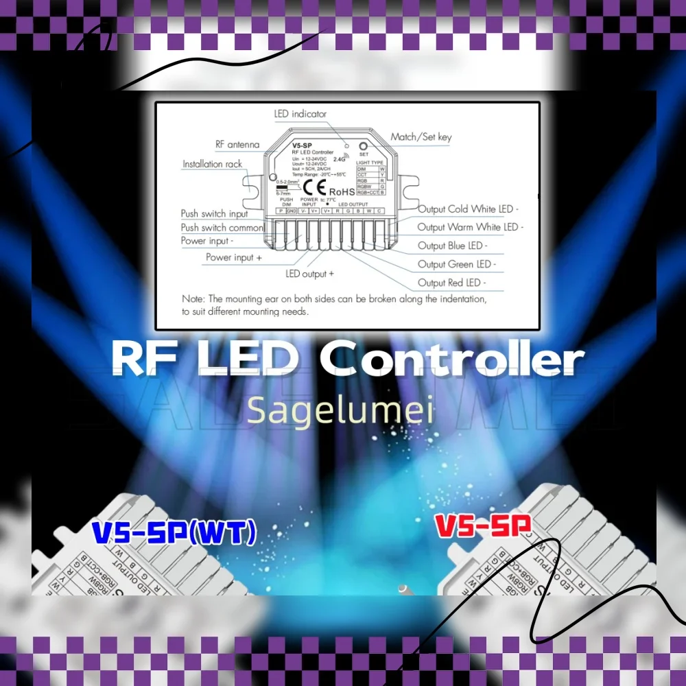 

V5-SP (WT) 5 в 1 Приложение Tuya Skydance WiFi и RF CV Светодиодный контроллер V5-SP Push Dim для одноцветных/CCT/RGB/RGBW/RGB+CCT светодиодных лент