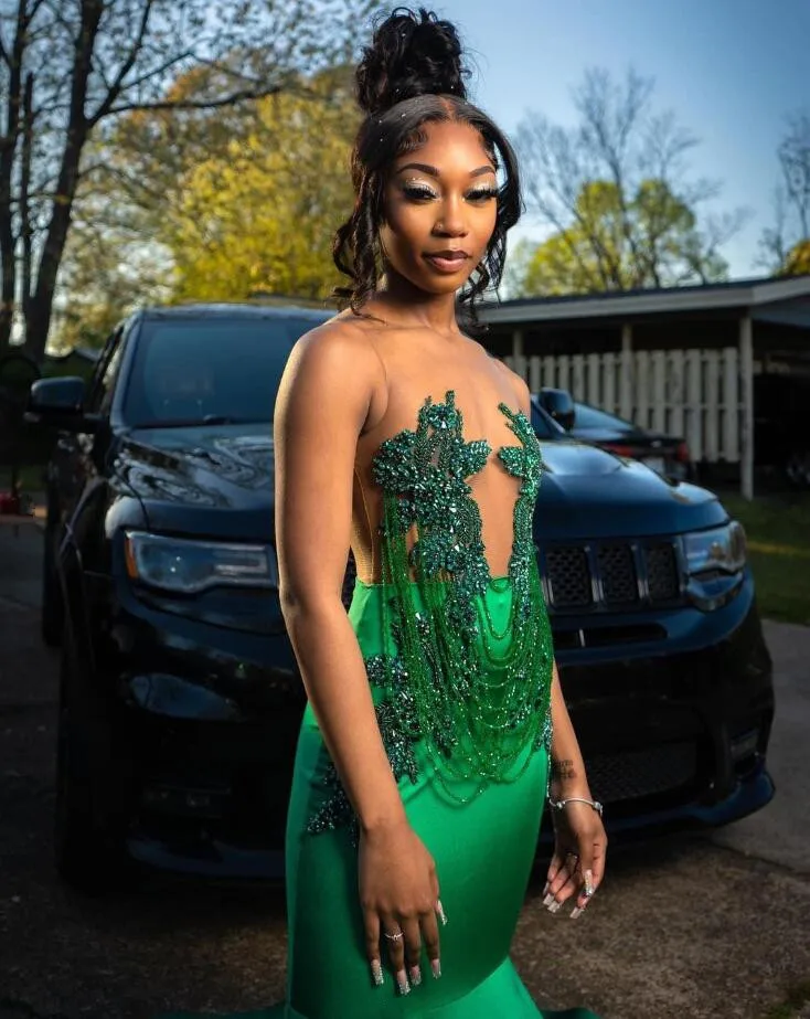 Emerald Green African Mermaid Evening Formal Dress for Black Girl Luxury Diamond Tassel Sheer Prom Gala Birthday Gown customsize