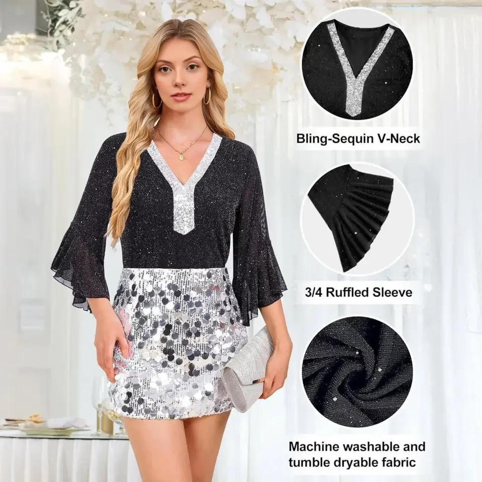 

Women Blouse Sequin Tops 3/4 Sleeve Glitter Sparkly Party Blouse V Neck Dressy Tops For Evening Party Thin Chic Blusas Para Muje