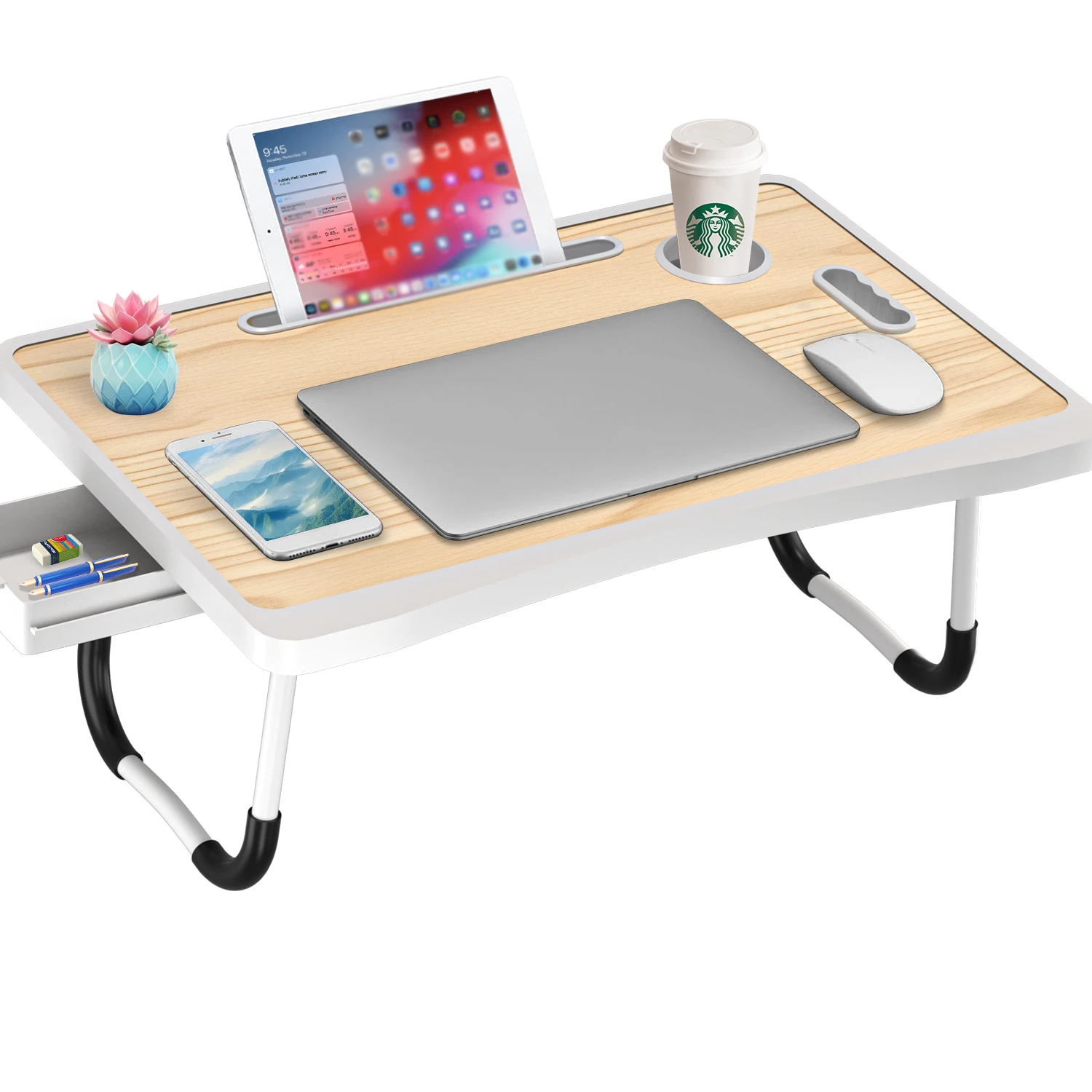 Escritorio plegable multifuncional extragrande, escritorio portátil de madera multicolor para ordenador portátil con portavasos, adecuado para el trabajo, lectura