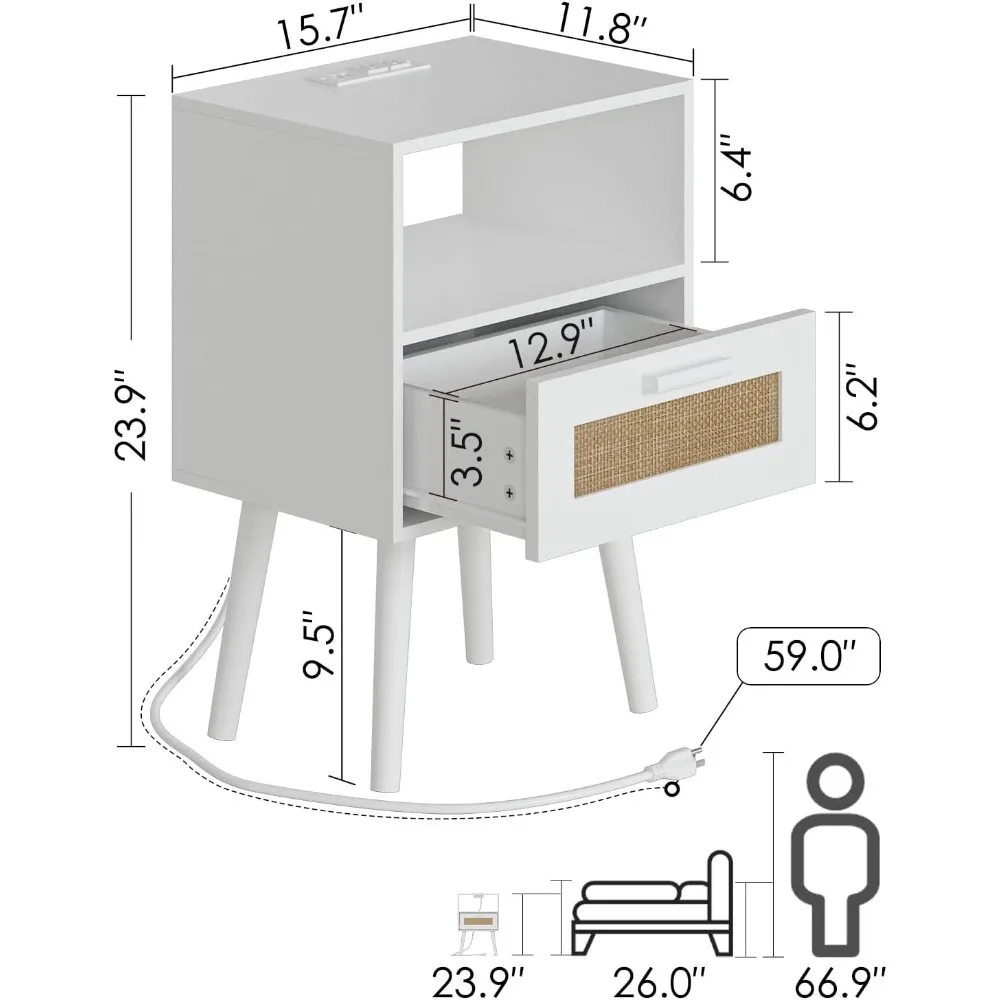 Side Table With Hand Made Rattan Decorated Drawers Bedroom Bedside Table White Nightstands With Charging Station Home Furniture
