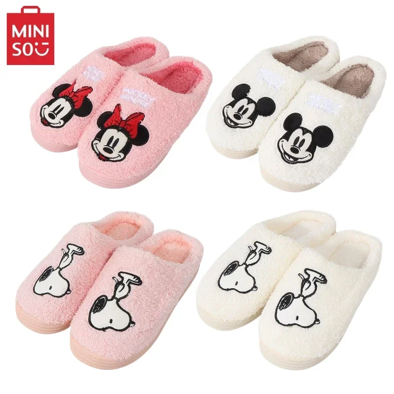 MINISO Anime Kawaii Disney Mickey Minnie kobiety kapcie z bawełny zimowa kreskówka Snoopy dom dom ciepły prezent pluszowe bawełniane buty