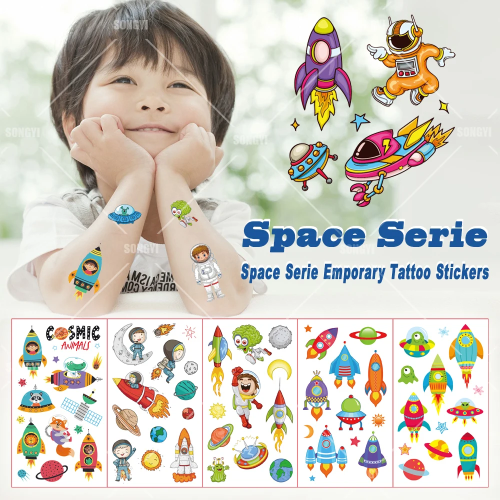 

10 Sheets/Set SpaceTemporary Tattoo Stickers Astronaut Rocket Star Spaceship Shower Kids Gift Body Makeup Sticker Tattoos