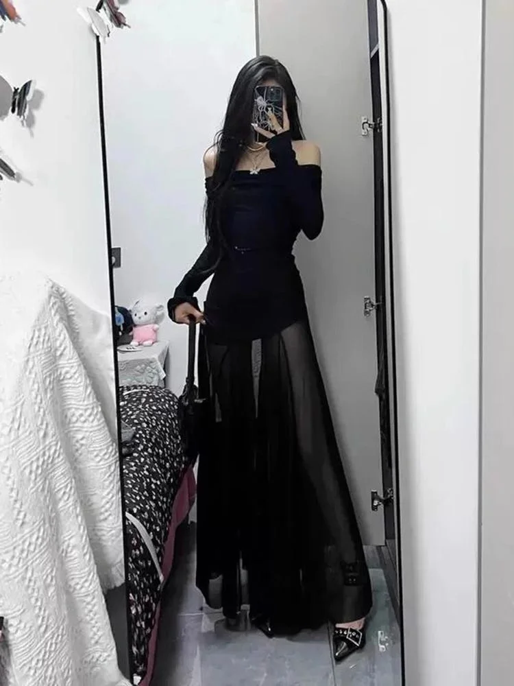 

Bla Long Sve One oulder Dr Women's Winter Me Splice Fi Tail Long Skirt Pure Desire Body a Butt Covering S...