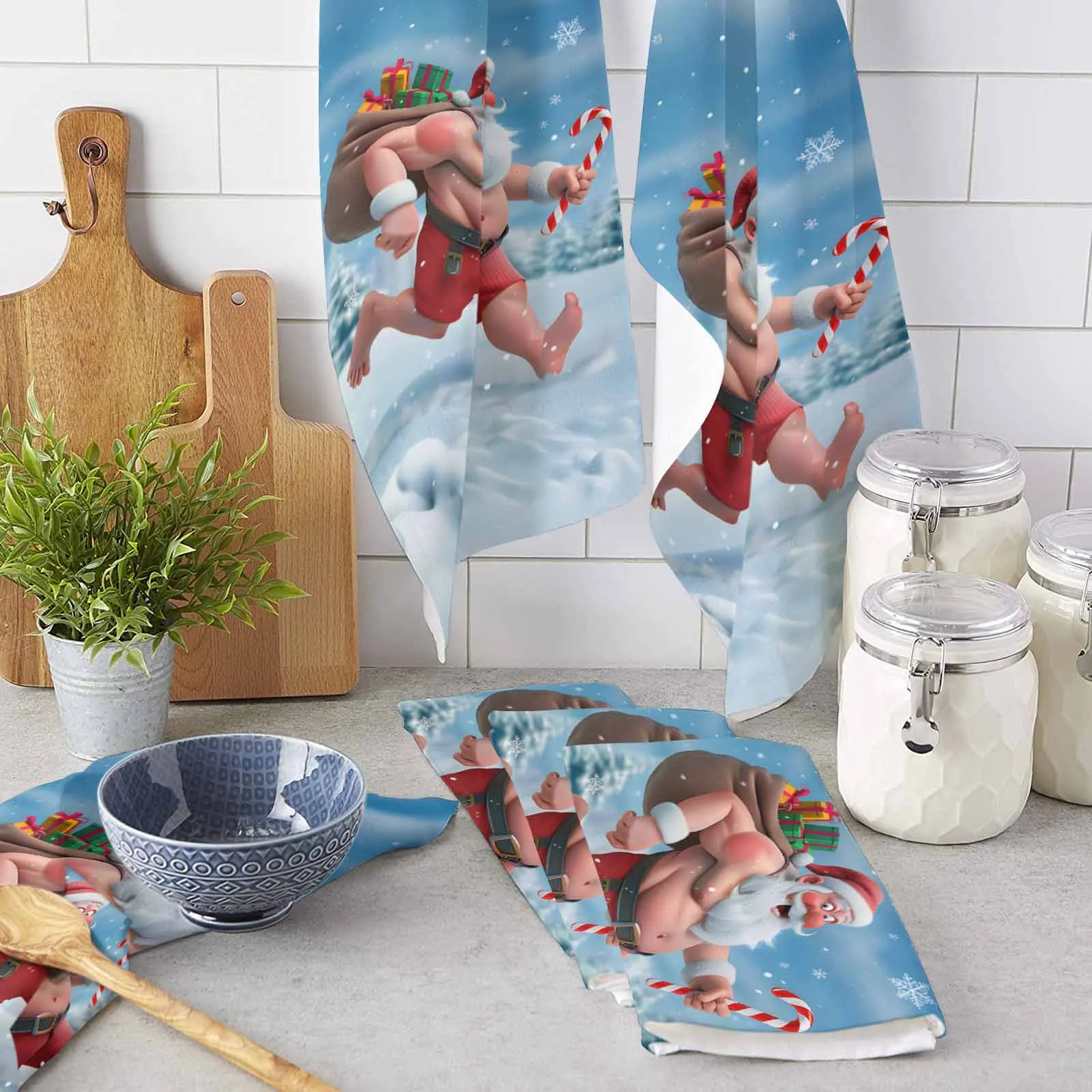 Santa Claus Running Naked On Christmas Day Printed Tea Hand Towel Kitchen Dishcloth Water Absorption Household Cleaning Cloth