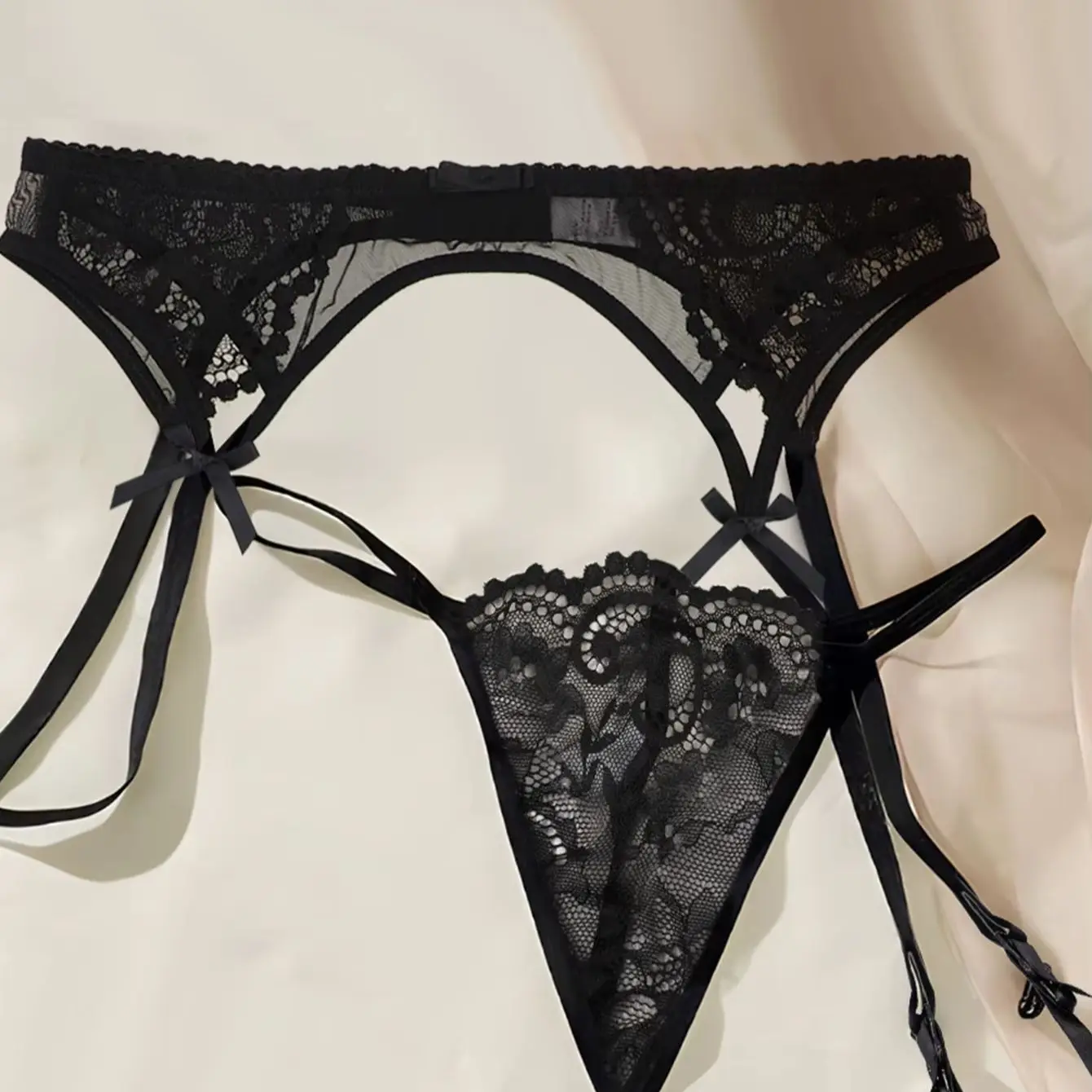 Varsbaby Transparent Lace Garter G-string Stockings Set 3pcs See-through Sexy Suspender Belt Underwears