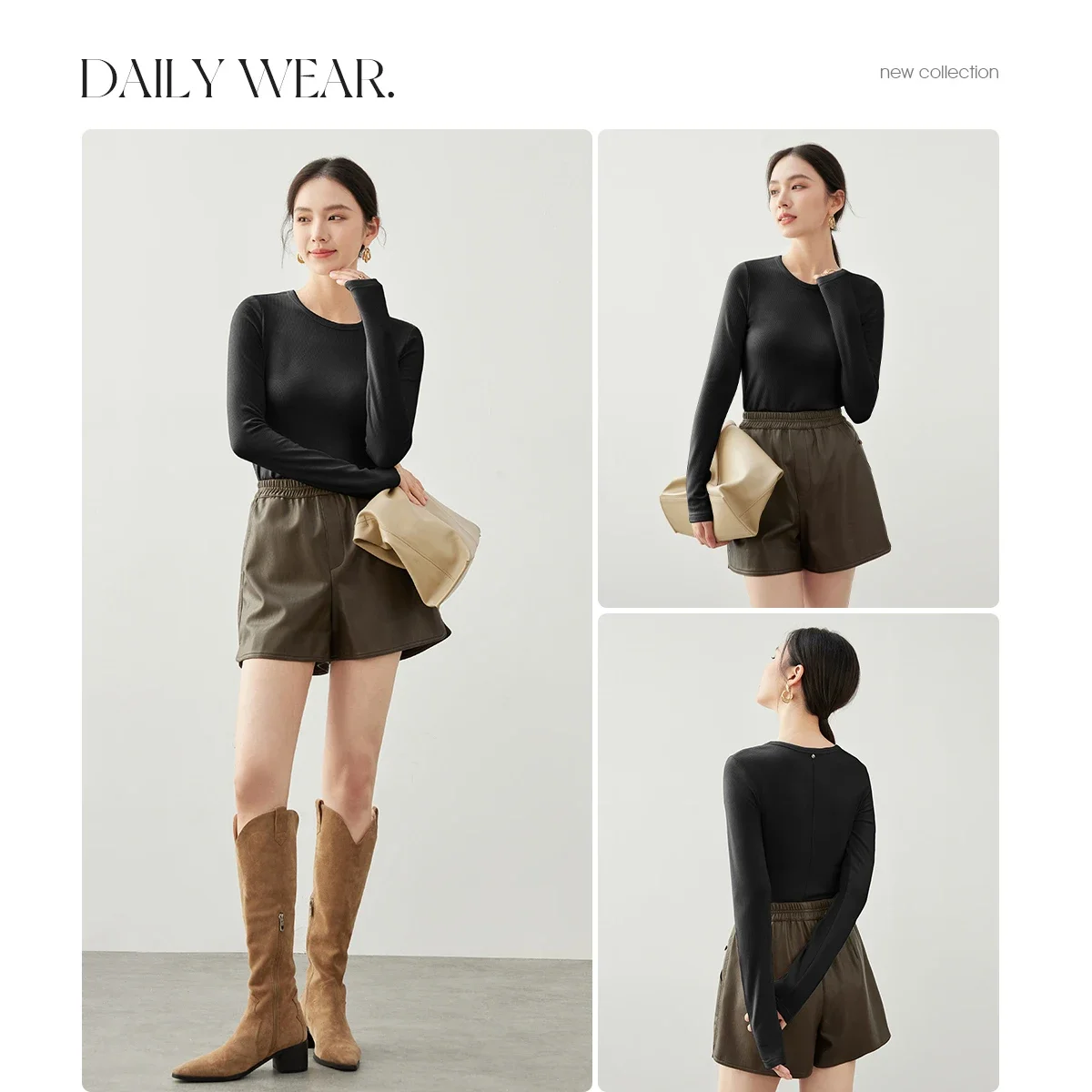 เสื้อยืด SENTUBILA รุ่น Simple Basics สำหรับผู้หญิง ฤดูใบไม้ผลิ/ฤดูใบไม้ร่วง ปี 2025 สีดำ ผ้าถัก แขนยาว เสื้อสวมหัว เสื้อยืด เสื้อผ้าผู้หญิง รุ่น 143T56855