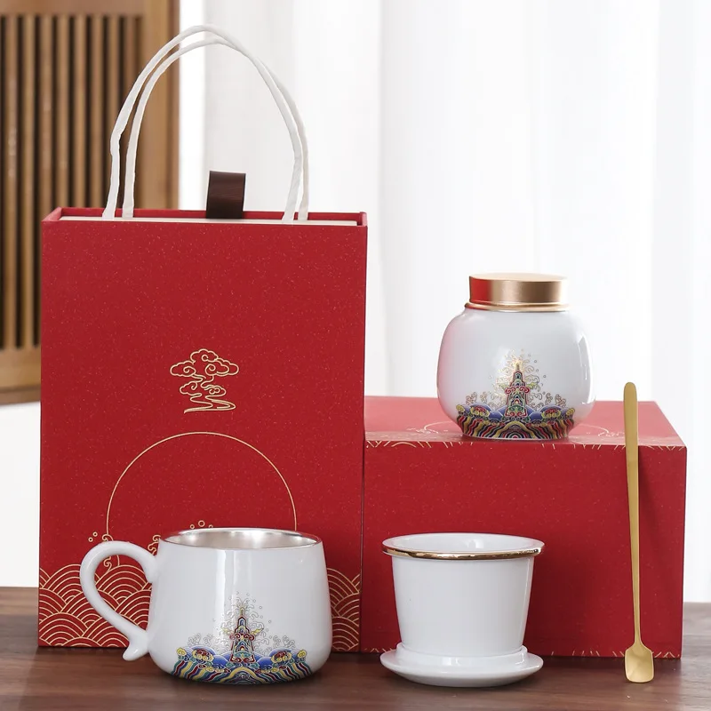 Handmade Silver-Plated Mug Gift Set with Tea-Water Separation Inner Liner Filter for Office and Home Use Ceramic Water Cup with