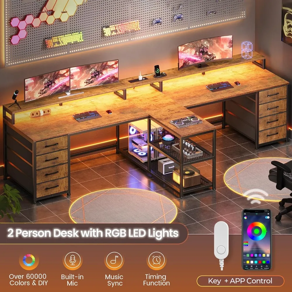 Scrivania da gioco per 2 persone da 94,5", scrivania lunga per computer da ufficio con 8 cassetti e luci a LED, scrivania per due persone con contenitore,