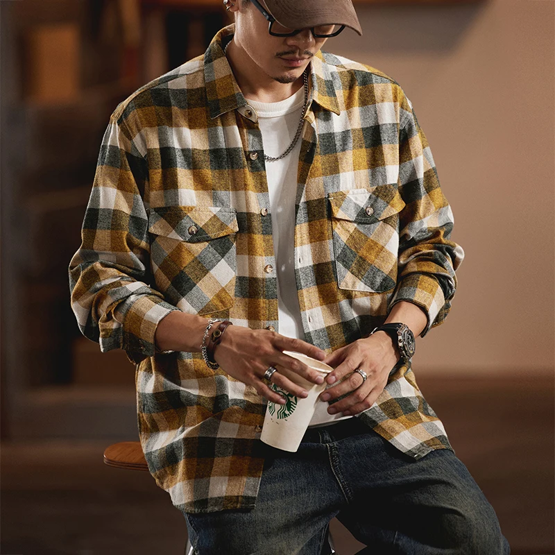 Spring and Autumn's new pure cotton American retro checkered long-sleeved shirt, men's loose shirt, plus-size light jacket