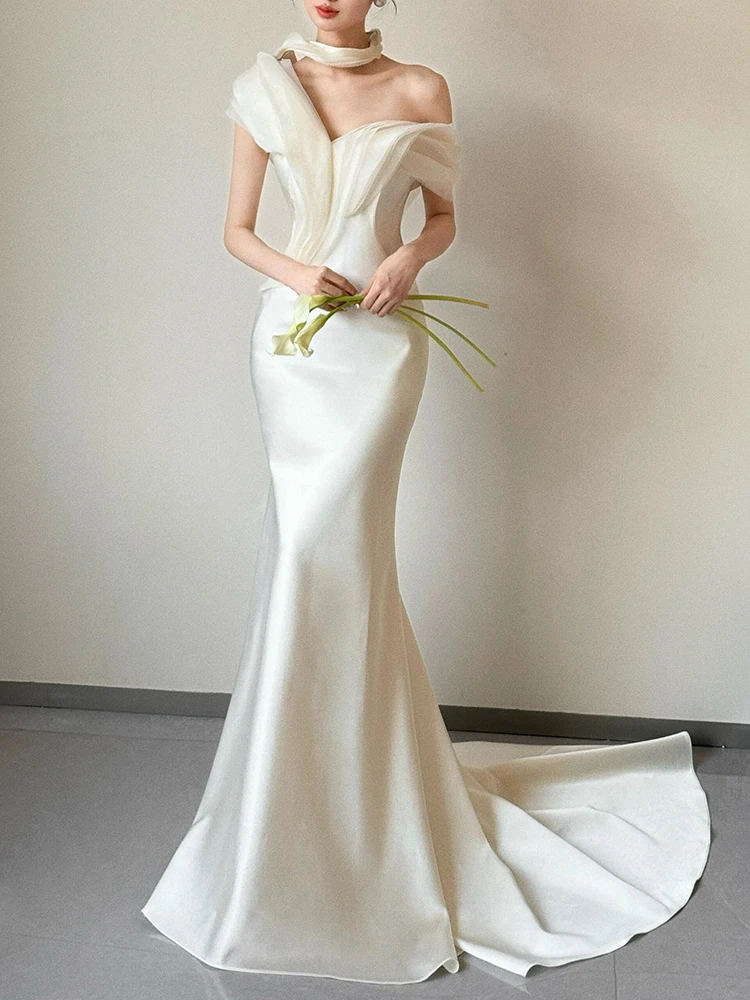 

Ele White Satin Wedding Dr Simple Bridal Gown with Train One oulder out Door Gown for Wedding Guests Visiting