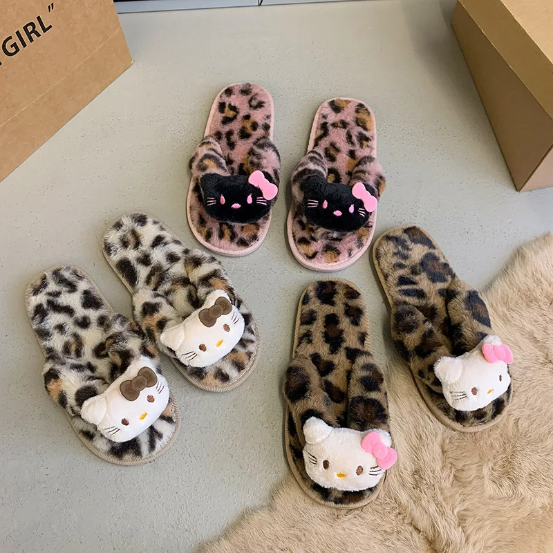 Sanrio Hello Kitty Plush Slippers Cartoon Cute Woman's Indoor Thick Soled Non-slip Flat Shoes Autumn Winter Warm Home Slippers