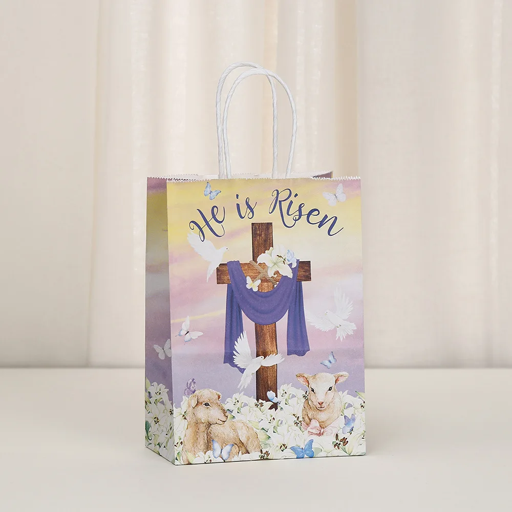 6Pcs He Is Risen Theme Paper Gift Packing Bag Cross Shopping Candy Tote Bag for Happy Easter Baby Shower Birthday Party Decor