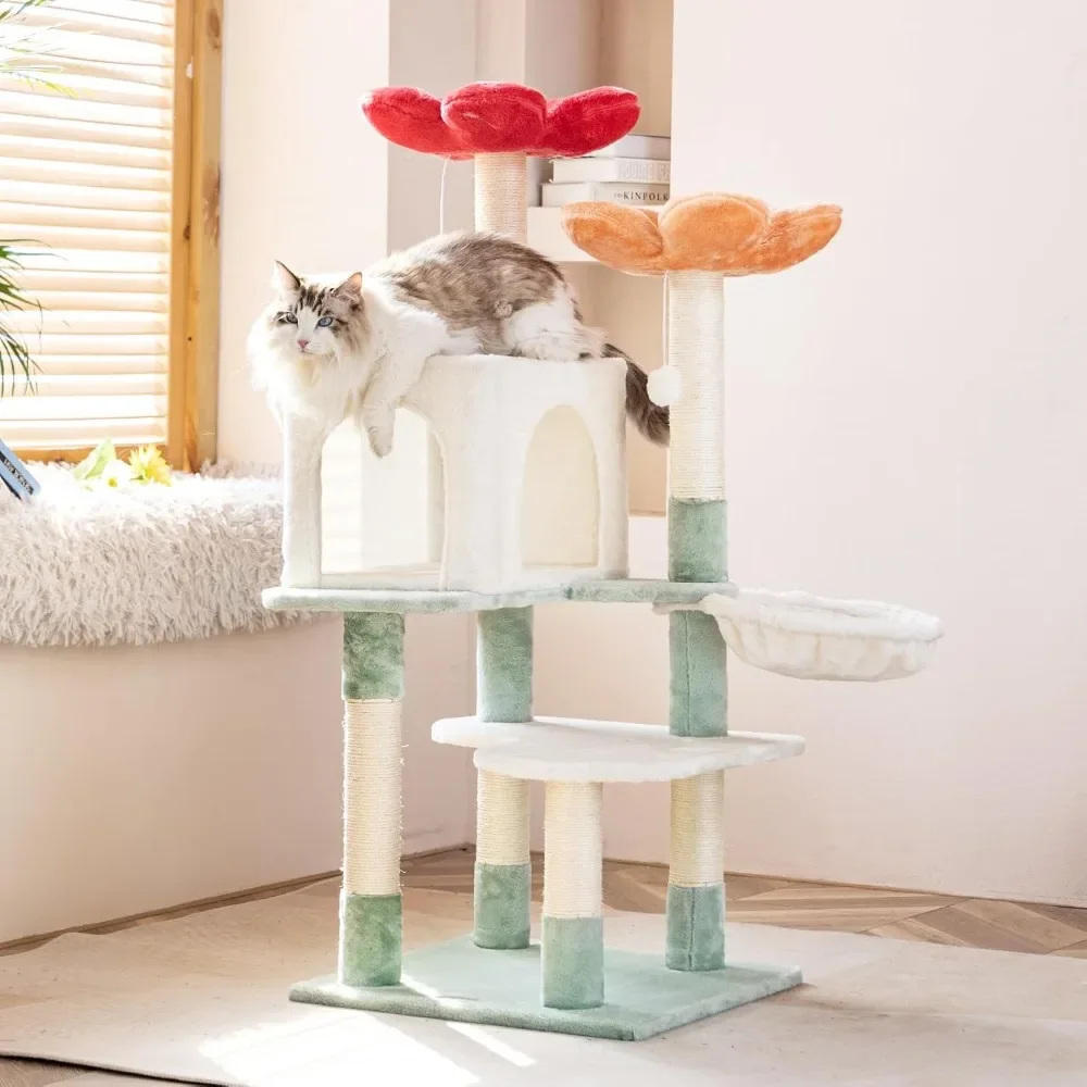 

48-inch Modern Cat Tree with Hanging Basket, Multi-Level Tower, Sisal Scratching Posts & Toy Balls for Indoor Cats