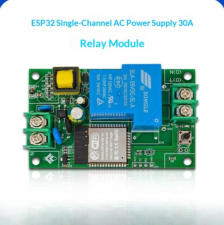 ESP32 WiFi Bluetooth Single-Channel Relay Module, AC 220V Input, 30A Relay, UART, Arduino ESP-IDF Development Board