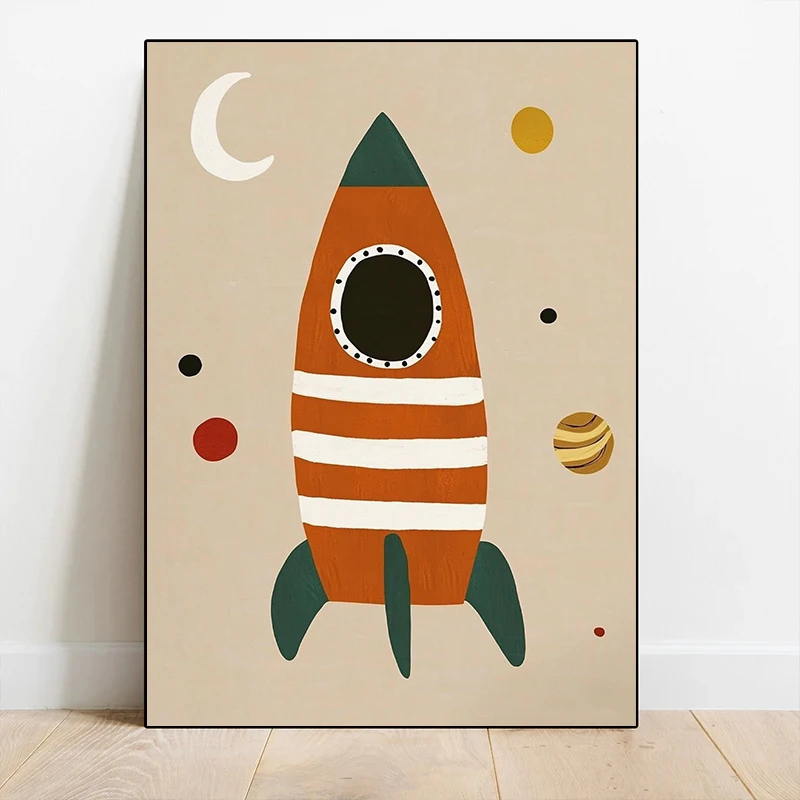 Cartoon Space Rocket Cosmic Planets Animal Astronaut Posters Canvas Printing Wall Art Picture for Playroom Home Decor Gifts
