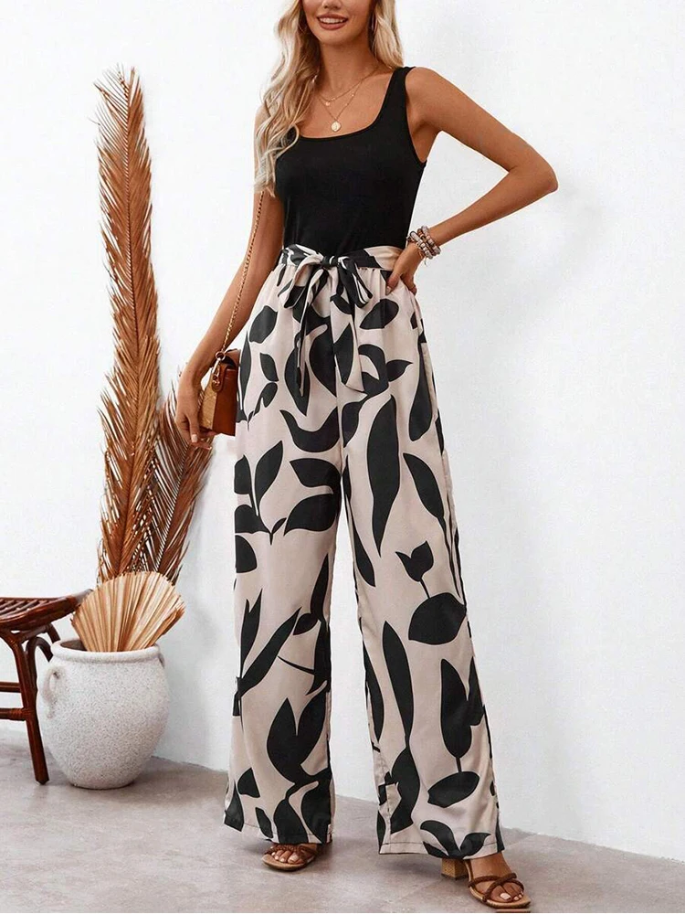 Elegant Sexy Jumpsuits Women Sleeveless Floral Print Patchwork Trousers Wide Leg Tanks Rompers Loose Style Belted Leotard Overal