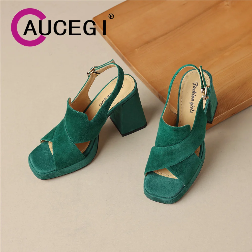 

Aucegi Elegance Vintage Women Kid Suede Sandals Women Buckle Strap Platform Thick High Heels Commuter Casual Manual Made Shoes