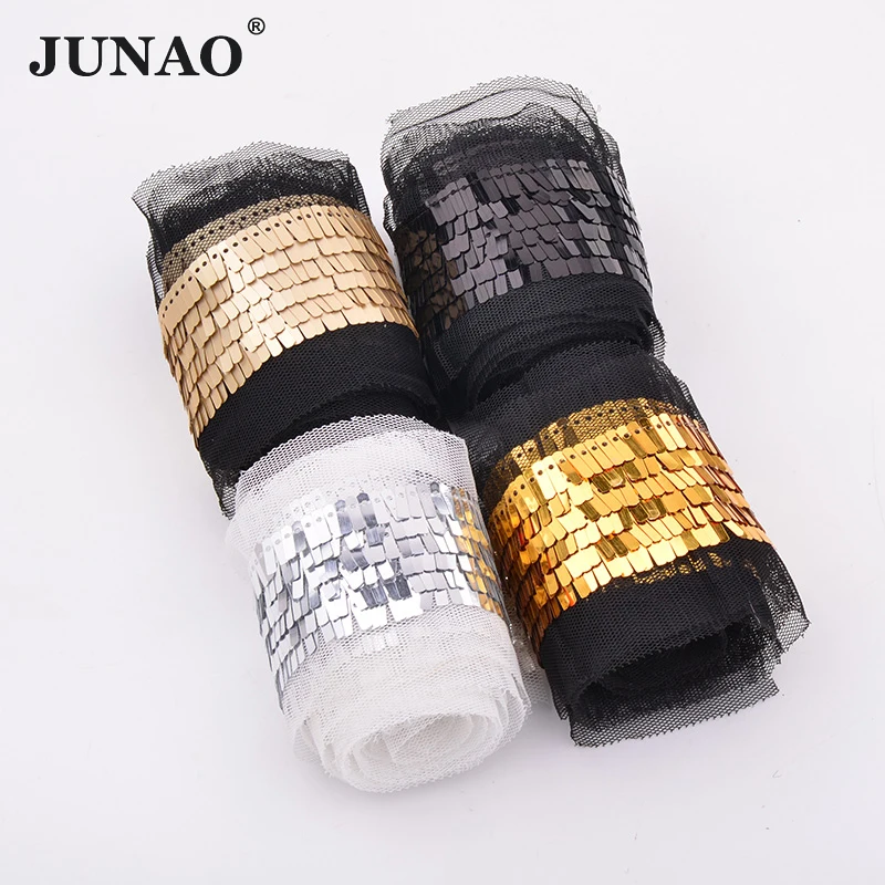 JUNAO 1 Yard 35mm Gitter Black Color Sewing PVC Sequin Ribbon Lace Trim Decoration Paillette Fabric For Scrapbook Crafts