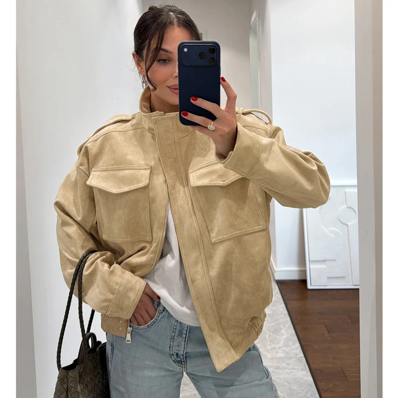 2026 Autumn New European and American Style Women's Fashion Casual Loose Versatile Stand-Collar Leather Jacket