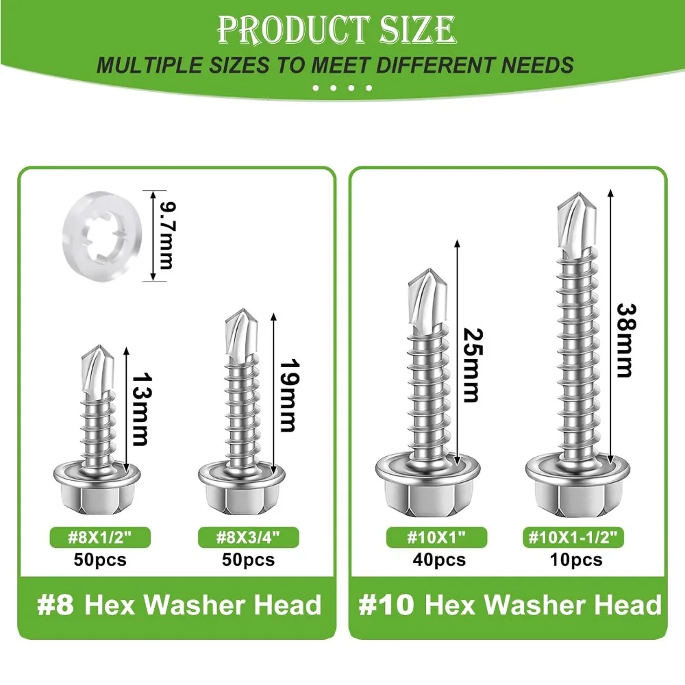 300PCS #8#10 Self Tapping Screws for Metal, 410 Stainless Steel, Hex Washer Head, with 150 Washers