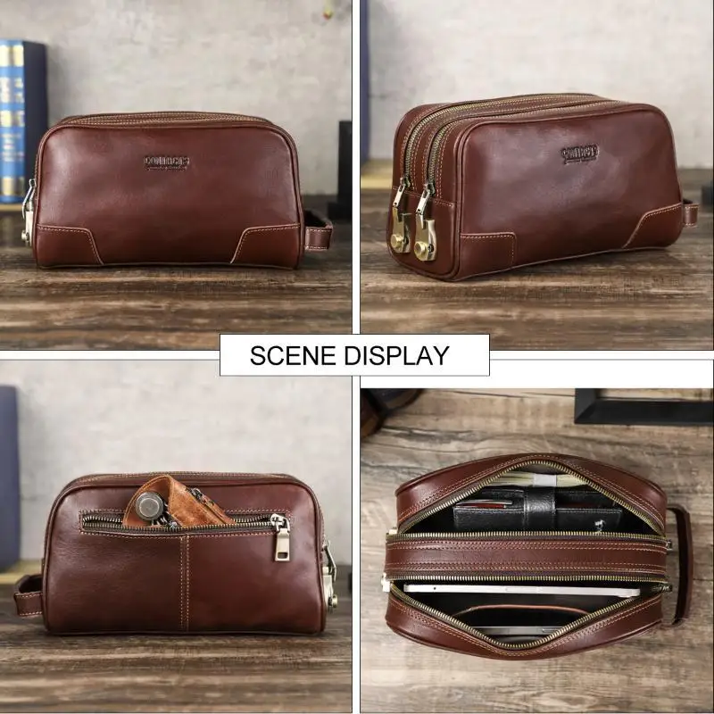 Men's Genuine Leather Travel Toiletry Clutch Bag Combination Lock Large Capacity Scratch Resistant for Business Trip
