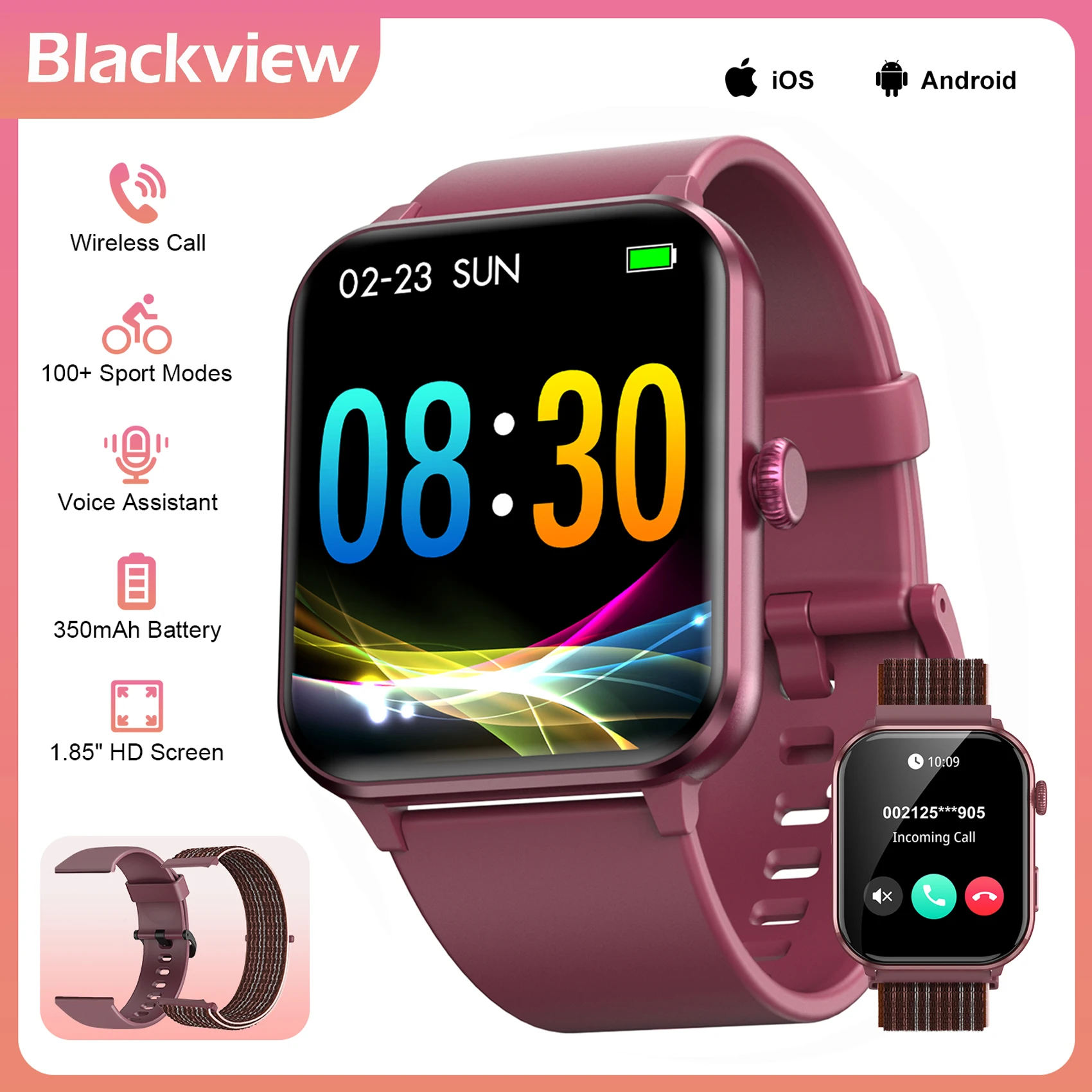 

Умные часы Blackview R50 с монитором сердечного ритма SpO2, 1,85 дюйма, HD-экран, 100 спортивных режимов, мужские и женские уличные часы для IOS Android