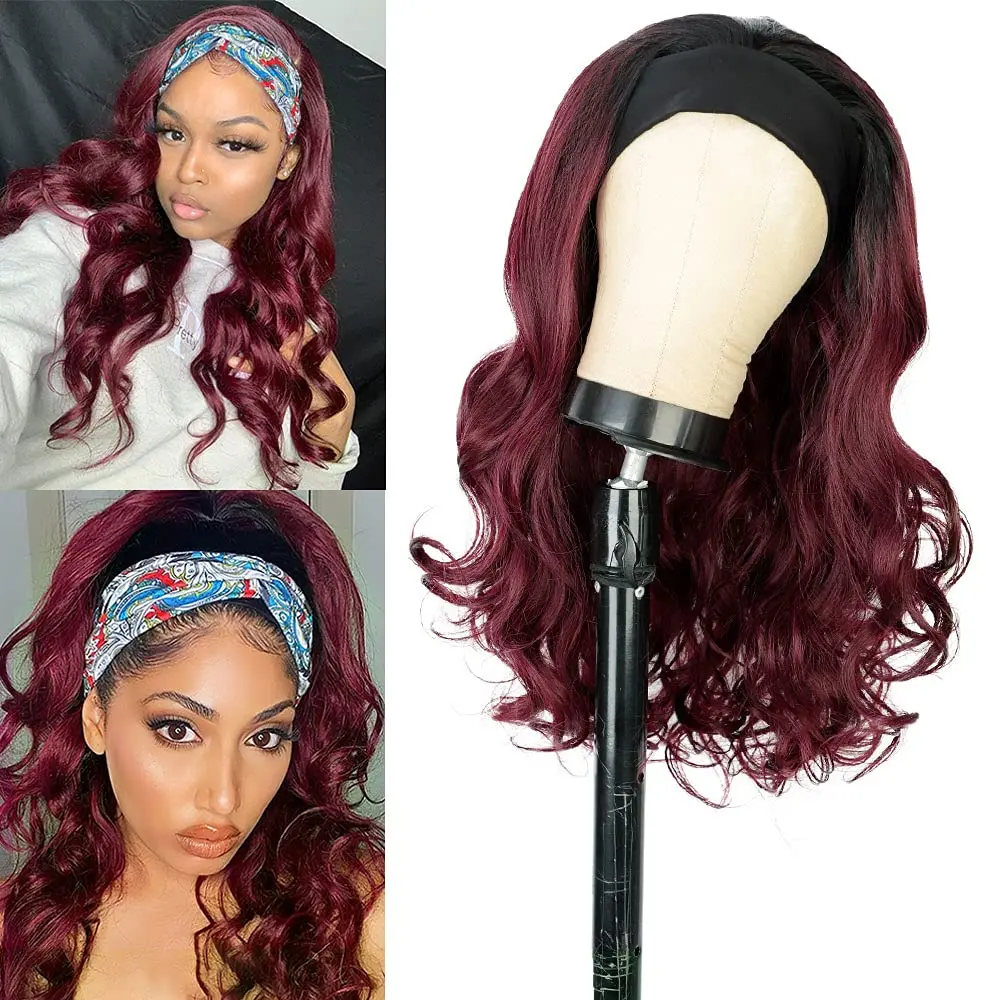 Synthetic 24inch Curly Headband Wigs Gradient Red for Black Women Glueless Wig with Headband Heat Resistant for Daily Use