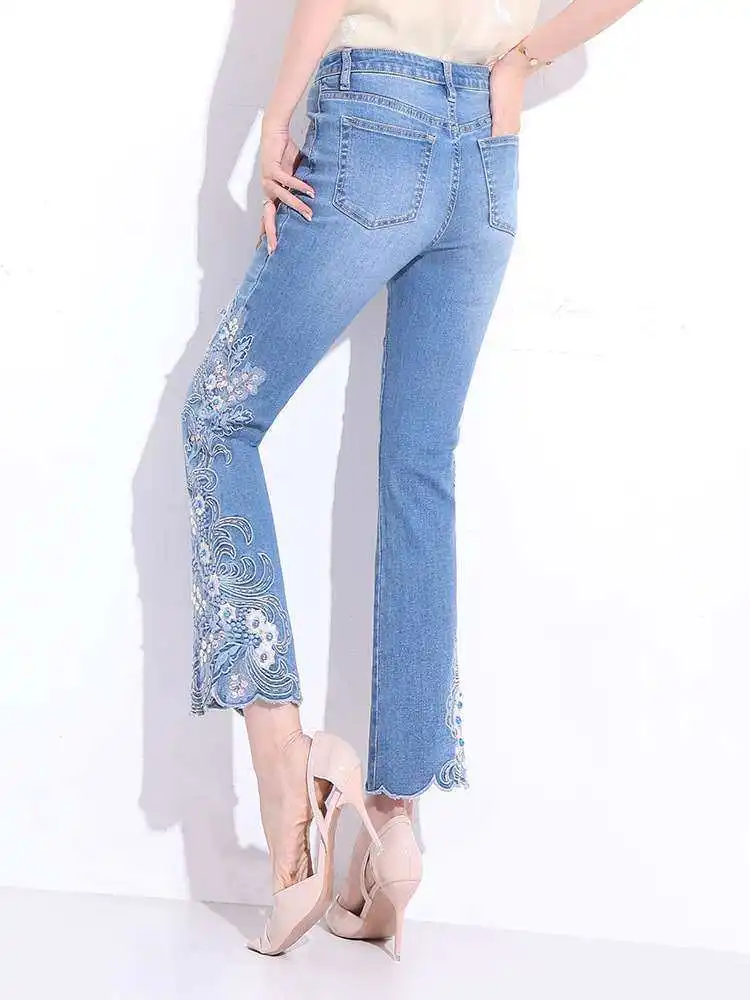 

Spring High Waist Beaded Embroidery Ninepoint Microflared Cleanfit Sle hine Embroidery PU Fabric Mid-Elastici Jeans
